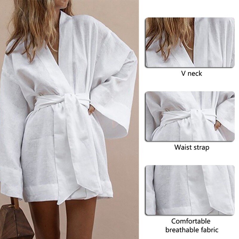 Women&#39;s V-Neck Kimono Cardigan Mini Dress Cotton Linen Long Sleeve Sashes Dresses Robe Style Lace Up Summer Loose Vestidos