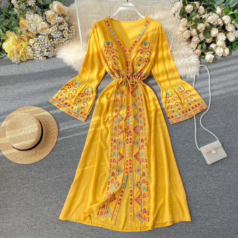 Summer Women's Dress Heavy Industry Embroidery V-neck Drawstring Trumpet Sleeves Ethnic Style Thin Waist Long Dresses LL040