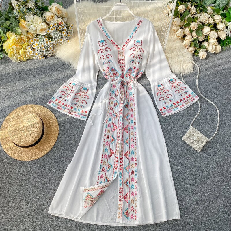 Summer Women's Dress Heavy Industry Embroidery V-neck Drawstring Trumpet Sleeves Ethnic Style Thin Waist Long Dresses LL040