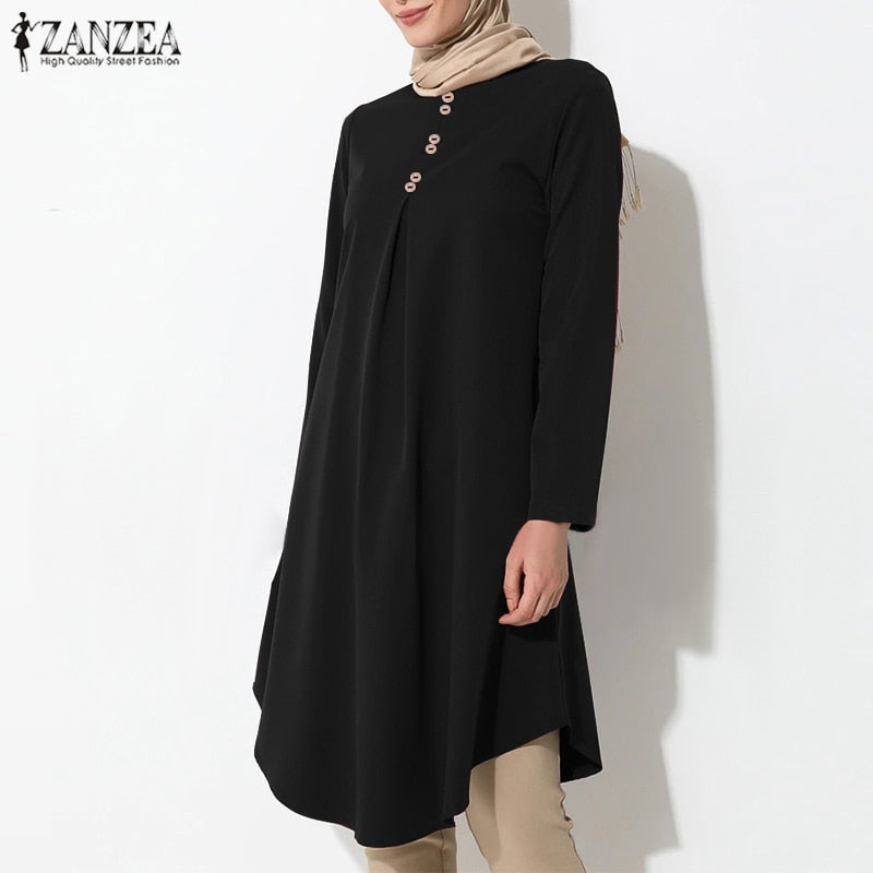 Women's Asymmetrical Blouse ZANZEA 2023 Vintage Muslim Long Shirt Casual Long Sleeve Blusas Female Button Tops  Tunic
