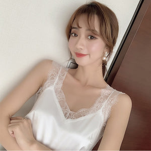 Women's Satin Summer Tops For Women 2022 V Neck Basic Sleeveless Lace Tank Tops Women Summer Female Silk Top White