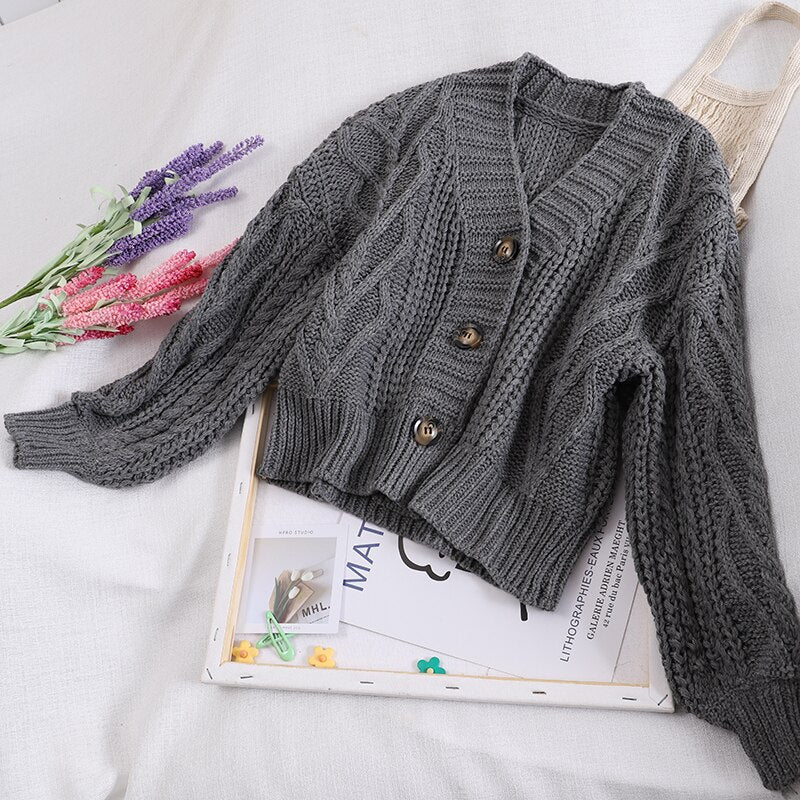 Autumn Winter Women's Knit Cardigan Short Crop Tops Chic Students Loose Solid Color Single-Breasted Sweater Female GD149