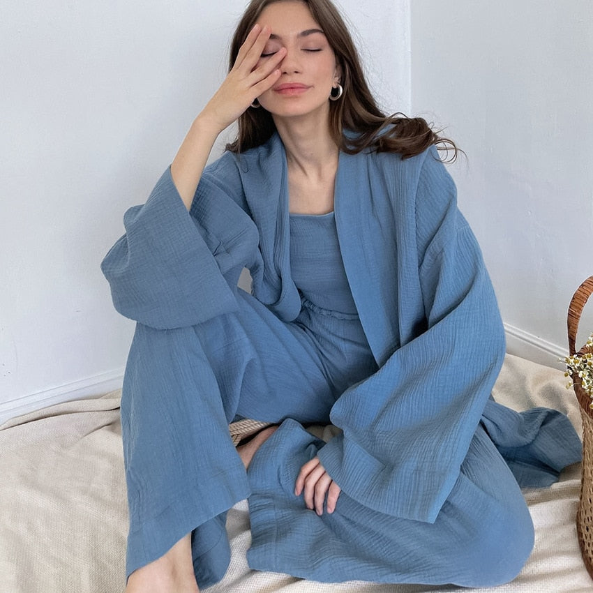 NHKDSASA-Pijama tipo Kimono para Mujer, ropa de dormir femenina de algodón 100%, pantalones de manga larga con crepé, para uso doméstico, novedad de 2021