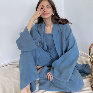 NHKDSASA-Pijama tipo Kimono para Mujer, ropa de dormir femenina de algodón 100%, pantalones de manga larga con crepé, para uso doméstico, novedad de 2021