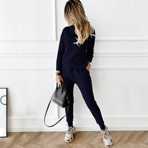 TYHRU Autumn Winter Women&#39;s tracksuit Solid Color Striped Turtleneck Sweater and Elastic Trousers Suits Knitted Two Piece Set