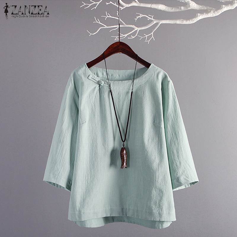 ZANZEA 2023  Women's Tunic Tops Vintage Linen Blouse Female Plate Button Shirts Chemise Casual Summer Blusas Kaftan Tee