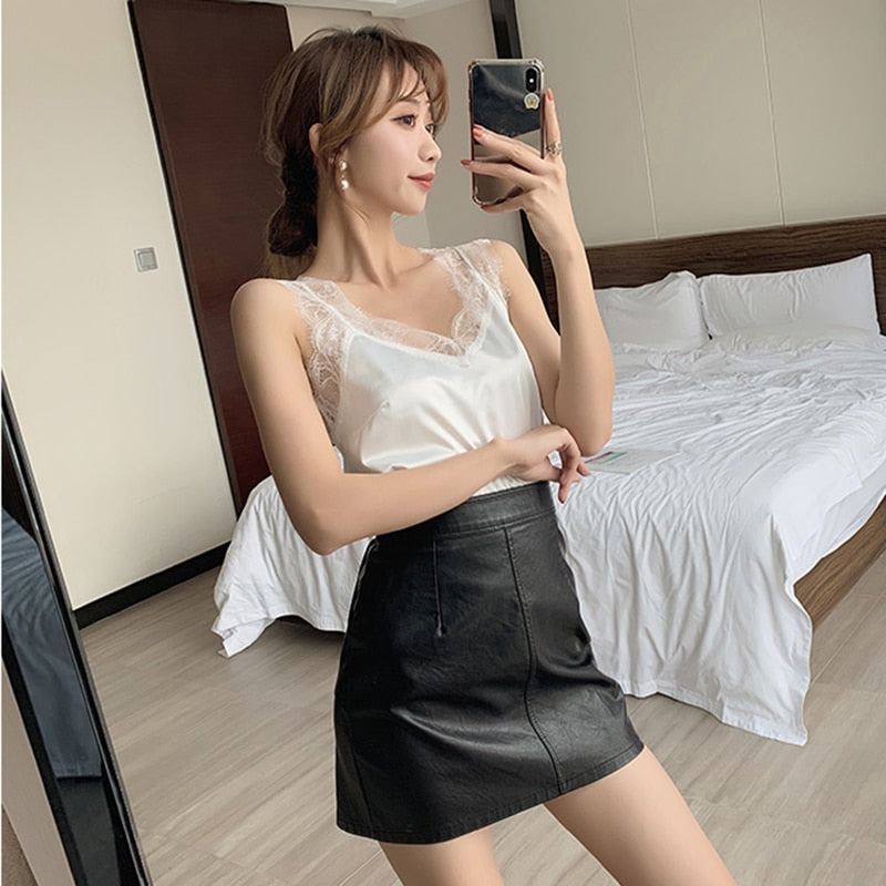 Women's Satin Summer Tops For Women 2022 V Neck Basic Sleeveless Lace Tank Tops Women Summer Female Silk Top White