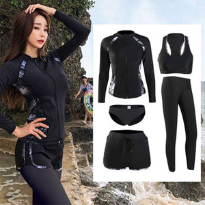 Women&#39;s 5pcs/set Swimsuit Long Sleeve Zip Top and Leggings Rash Guards Sun UV Protection Jogger Yoga Suit Swimwear Bathing Suits