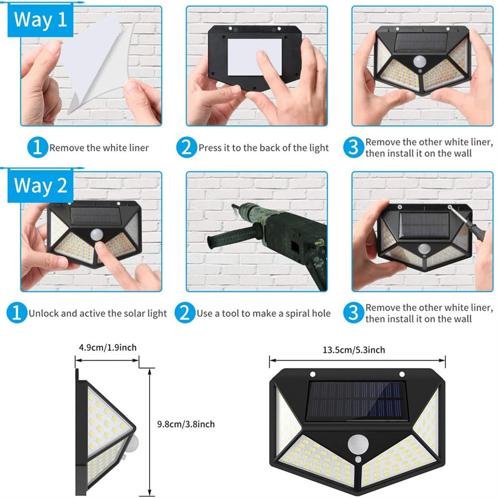 100 Led Solar Lights Outdoor Smart Motion Sensor Weatherproof Solar Powered IP65 Waterproof With Wide Angle Wall Light Garden