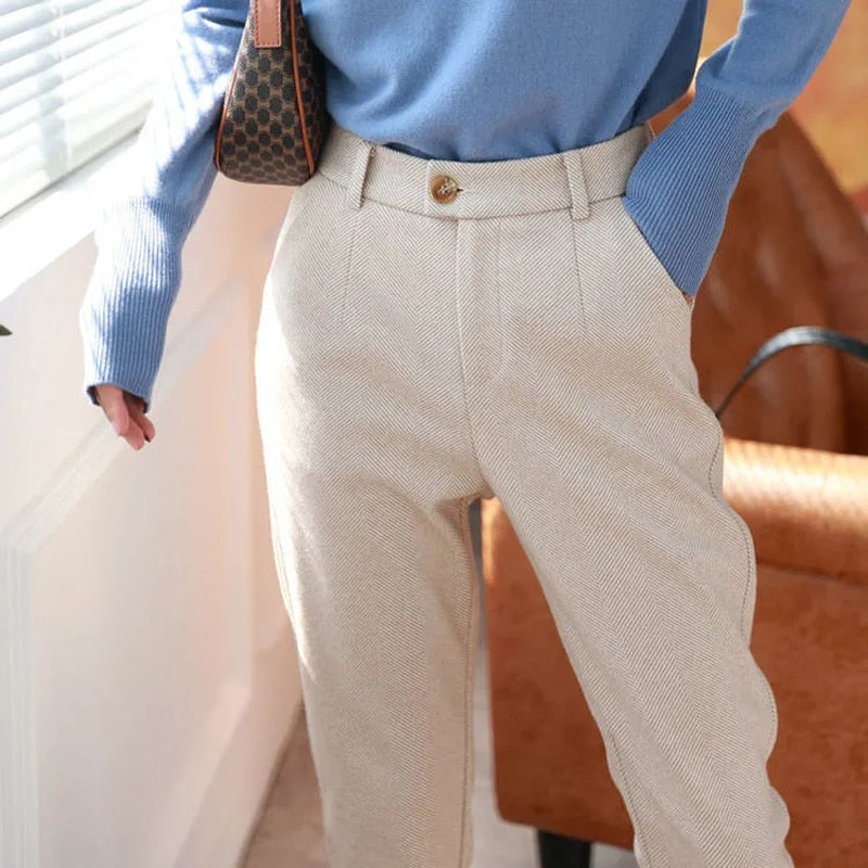 Woolen Pants Women&#39;s Harem Pencil Pants 2023 Autumn Winter High Waisted Casual Suit Pants Office Lady Women Trousers