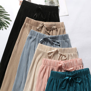 2022 Women&#39;s Pleated Loose Ice Silk Korean Casual Cropped Pants Wide Leg Trouse Home Classic Sports Wear Girls Clothes Black Top