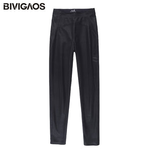 BIVIGAOS Autumn Winter Black Fleece Matte Leather Leggings Women&#39;s High Waist Lift Buttock Trousers Slim Skinny Legging Pants