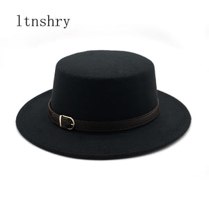 New Retro Winter Autumn women men Top hat Imitation Woolen Felt Fedora Hats Belt buckle Decorated ladies Boater Hat flat brim