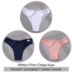 FINETOO Cotton Brazilian Panties Women Sexy V Waist G-String Underwear Female T-back Underpants M-XL Lady Bikini Panty 3Pcs/set