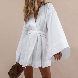 Women&#39;s V-Neck Kimono Cardigan Mini Dress Cotton Linen Long Sleeve Sashes Dresses Robe Style Lace Up Summer Loose Vestidos