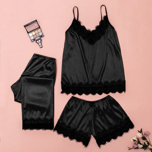 Women&#39;s Sleepwear Sexy Satin Pajama Set Black Lace V-Neck Pyjamas Sleeveless Cute Cami Top and Shorts Sexy Lingerie Homewear #W