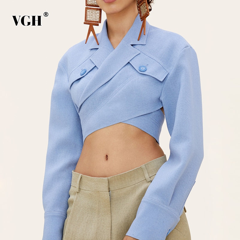 VGH Asymmetrical Slim Women&#39;s Blouses Lapel Collar Long Sleeve Casual Short Shirts Tops For Female Fashion Clothing 2022