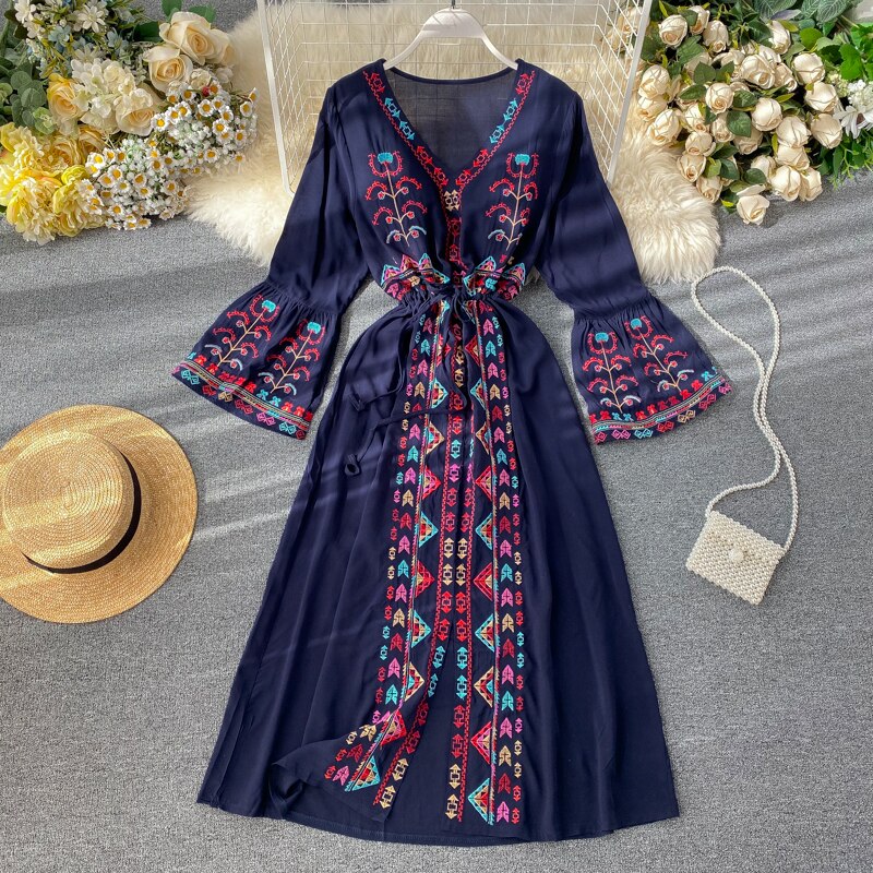 Summer Women's Dress Heavy Industry Embroidery V-neck Drawstring Trumpet Sleeves Ethnic Style Thin Waist Long Dresses LL040