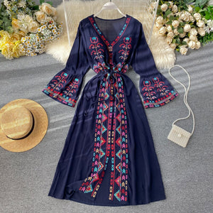 Summer Women's Dress Heavy Industry Embroidery V-neck Drawstring Trumpet Sleeves Ethnic Style Thin Waist Long Dresses LL040