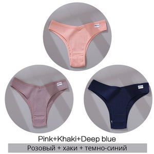 FINETOO Cotton Brazilian Panties Women Sexy V Waist G-String Underwear Female T-back Underpants M-XL Lady Bikini Panty 3Pcs/set