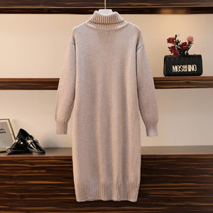 Knitted dress autumn and winter women&#39;s loose long sweater pullover turtleneck solid casual female