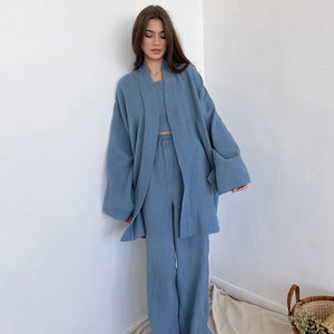 NHKDSASA-Pijama tipo Kimono para Mujer, ropa de dormir femenina de algodón 100%, pantalones de manga larga con crepé, para uso doméstico, novedad de 2021