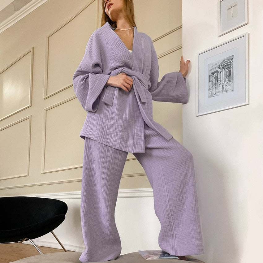 NHKDSASA-Pijama tipo Kimono para Mujer, ropa de dormir femenina de algodón 100%, pantalones de manga larga con crepé, para uso doméstico, novedad de 2021