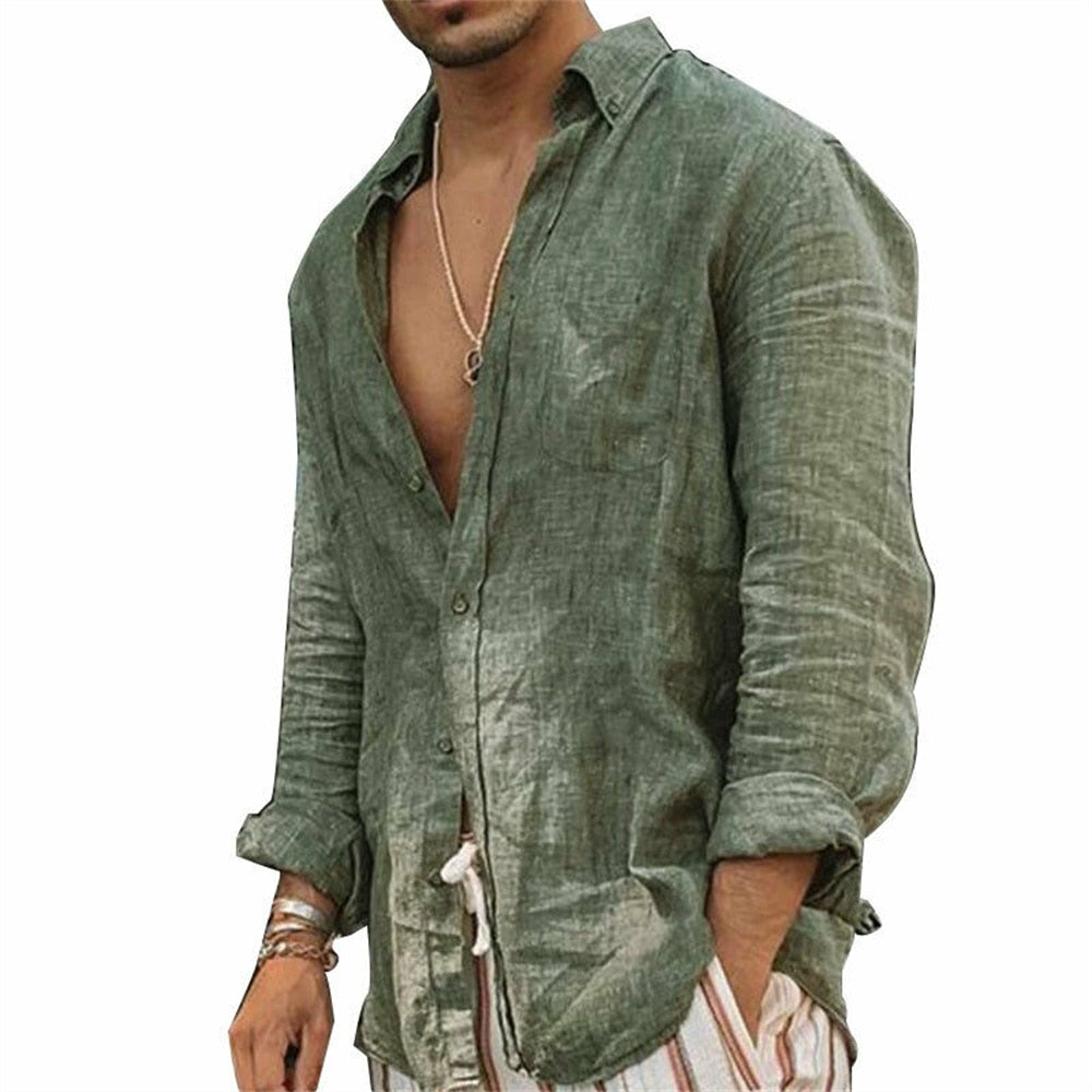 2023 Men Casual Cotton Linen ShirtsStanding Collar Male Solid Color Long Sleeves Loose Tops Spring Autumn Handsome Men&#39;s Shirts