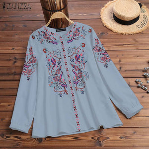 Bohemian Printed Tops Women's Autumn Blouse ZANZEA 2023  Tunic Fashion V Neck Long Sleeve Shirts Female Casual Blusas