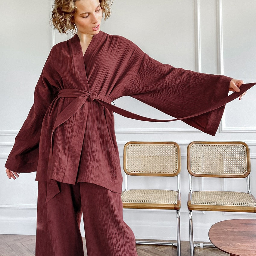 NHKDSASA-Pijama tipo Kimono para Mujer, ropa de dormir femenina de algodón 100%, pantalones de manga larga con crepé, para uso doméstico, novedad de 2021