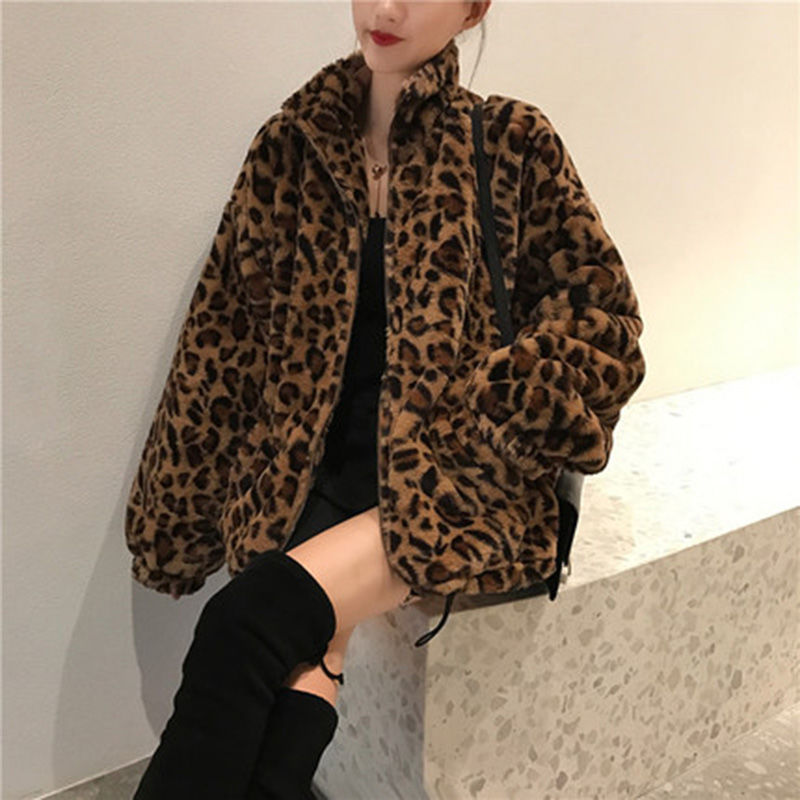 Winter Leopard Print Jacket Women&#39;s Stand collar Warm Parkas Outwear 2023 New Autumn Winter Korean Female Loose Faux Fur Coats