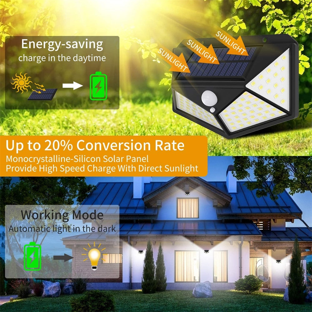 100 Led Solar Lights Outdoor Smart Motion Sensor Weatherproof Solar Powered IP65 Waterproof With Wide Angle Wall Light Garden