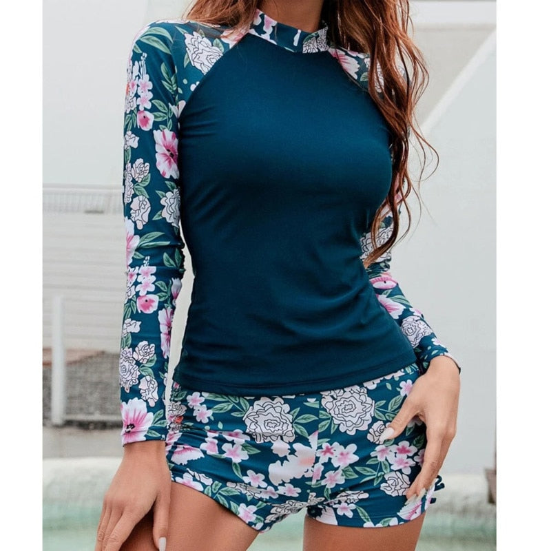 Women&#39;s Swimsuit Tankini Set Female Long Sleeves Swimwear 2022 Surfing Sports Pool Beachwear Two-Piece Bathing Suits With Shorts