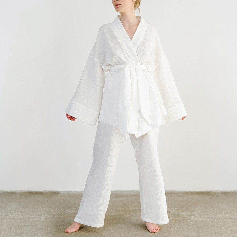 NHKDSASA-Pijama tipo Kimono para Mujer, ropa de dormir femenina de algodón 100%, pantalones de manga larga con crepé, para uso doméstico, novedad de 2021