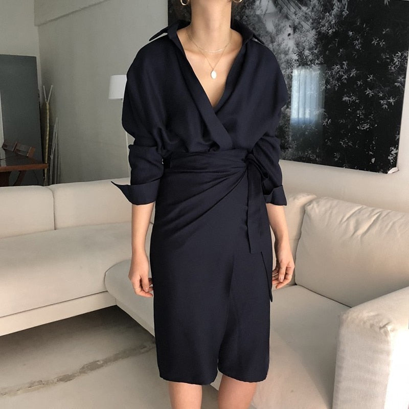 TWOTWINSTYLE Autumn Women's Dresses Long Sleeve Bandage V Neck High Waist Midi Shirt Dress Female Elegant Fashion Korean 2019