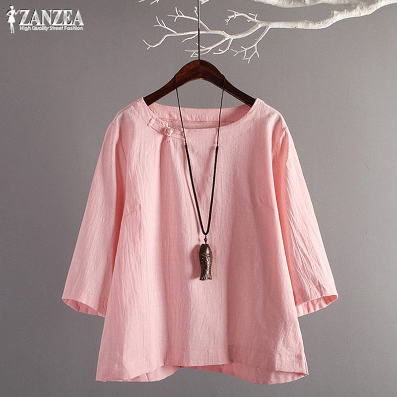 ZANZEA 2023  Women's Tunic Tops Vintage Linen Blouse Female Plate Button Shirts Chemise Casual Summer Blusas Kaftan Tee