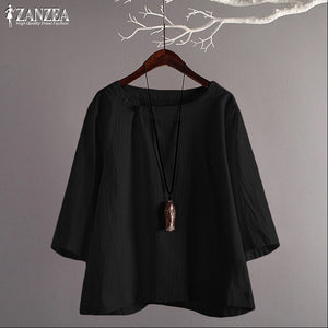 ZANZEA 2023  Women's Tunic Tops Vintage Linen Blouse Female Plate Button Shirts Chemise Casual Summer Blusas Kaftan Tee