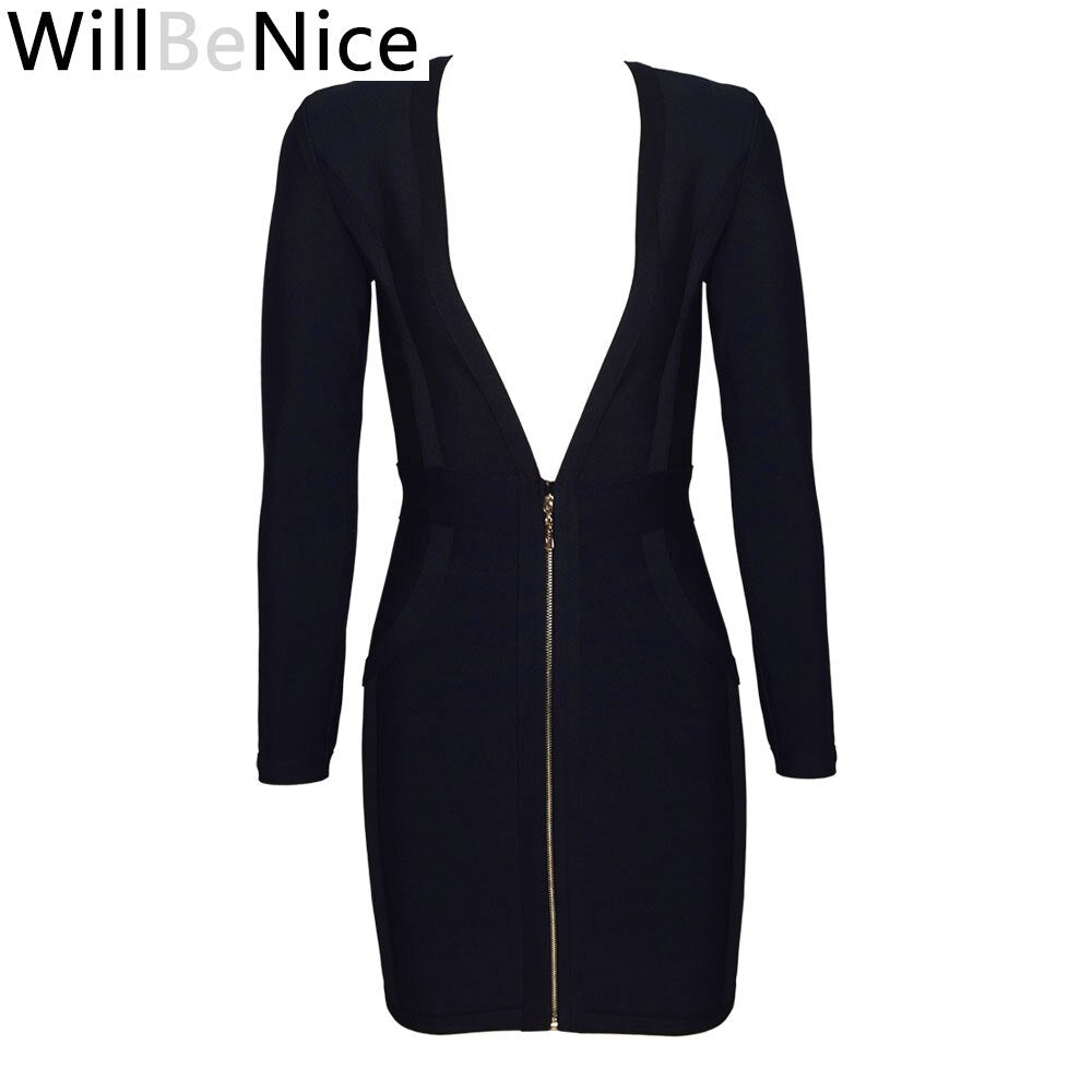 WillBeNice Black 2019 Fashion Women's Sexy Deep V Neck Autumn Long Sleeve Winter Bandage Dresses Bodycon Celebrity Party Dress