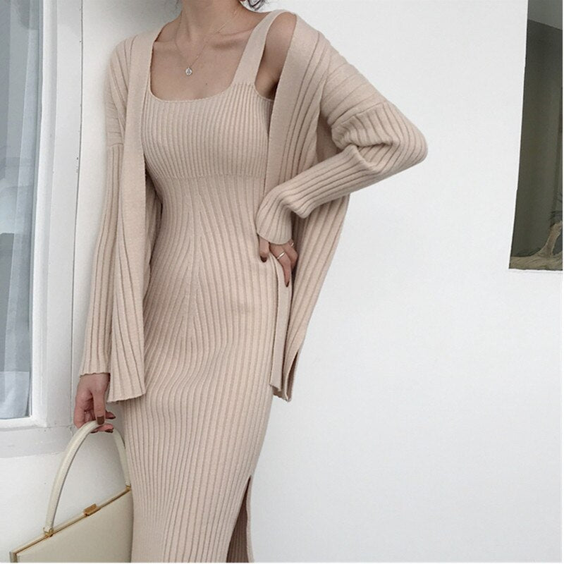 SMTHMA 2021 New High Quality Winter Women's Casual Long Sleeved Cardigan + Suspenders Sweater Vest Two Piece Runway Dresses Suit