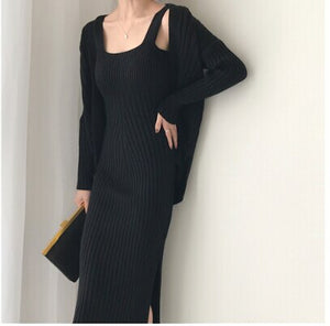 SMTHMA 2021 New High Quality Winter Women's Casual Long Sleeved Cardigan + Suspenders Sweater Vest Two Piece Runway Dresses Suit