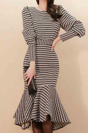 2019 New Spring Women&#39;s Sheath High Waist O-Neck Striped Lantern Sleeve Dress Fashion Elegant Slim Office Lady Dresses D93508X