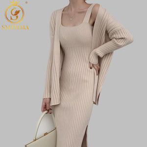 SMTHMA 2021 New High Quality Winter Women's Casual Long Sleeved Cardigan + Suspenders Sweater Vest Two Piece Runway Dresses Suit