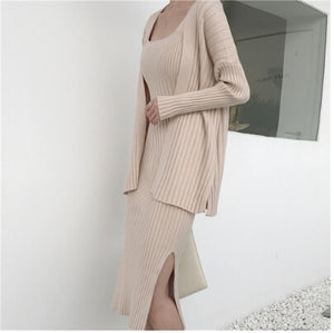 SMTHMA 2021 New High Quality Winter Women's Casual Long Sleeved Cardigan + Suspenders Sweater Vest Two Piece Runway Dresses Suit