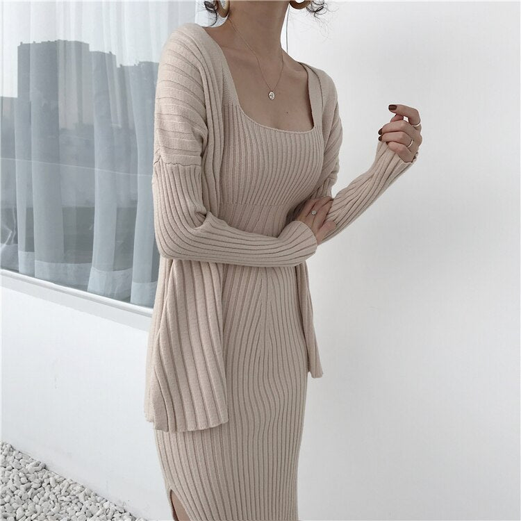 SMTHMA 2021 New High Quality Winter Women's Casual Long Sleeved Cardigan + Suspenders Sweater Vest Two Piece Runway Dresses Suit