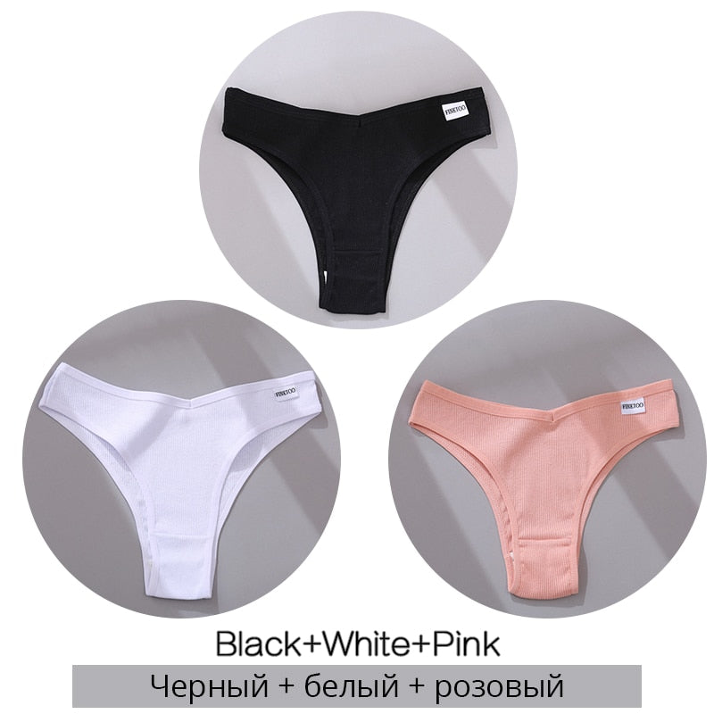 FINETOO Cotton Brazilian Panties Women Sexy V Waist G-String Underwear Female T-back Underpants M-XL Lady Bikini Panty 3Pcs/set