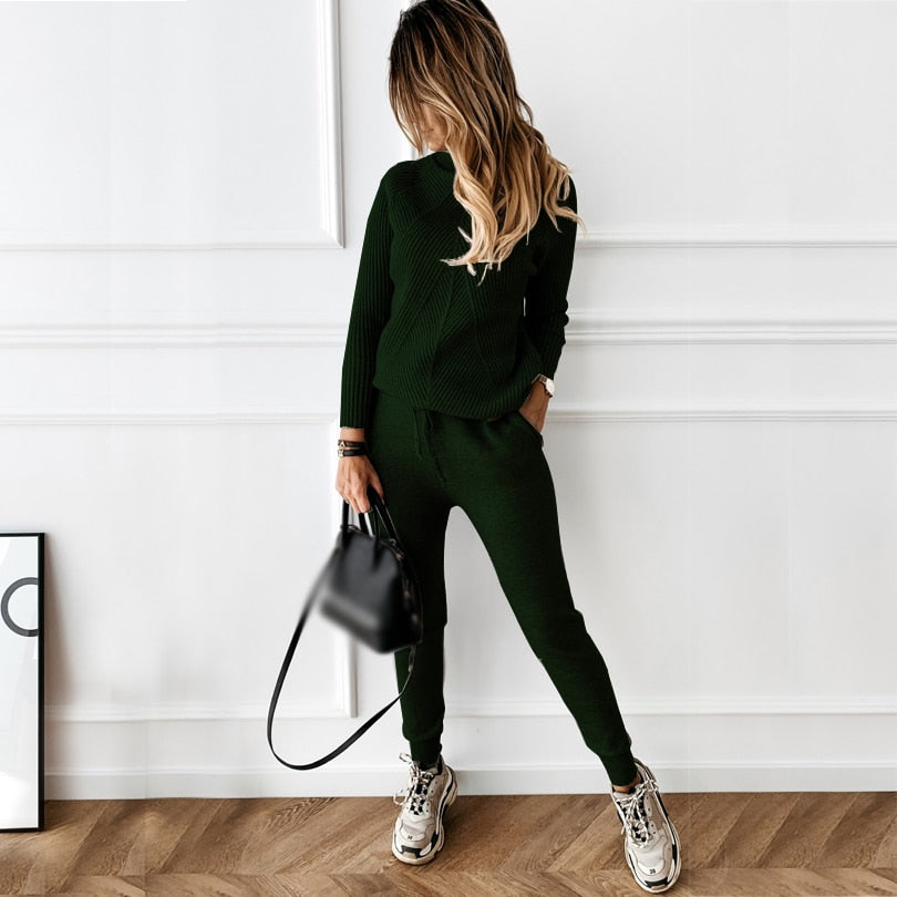 TYHRU Autumn Winter Women&#39;s tracksuit Solid Color Striped Turtleneck Sweater and Elastic Trousers Suits Knitted Two Piece Set