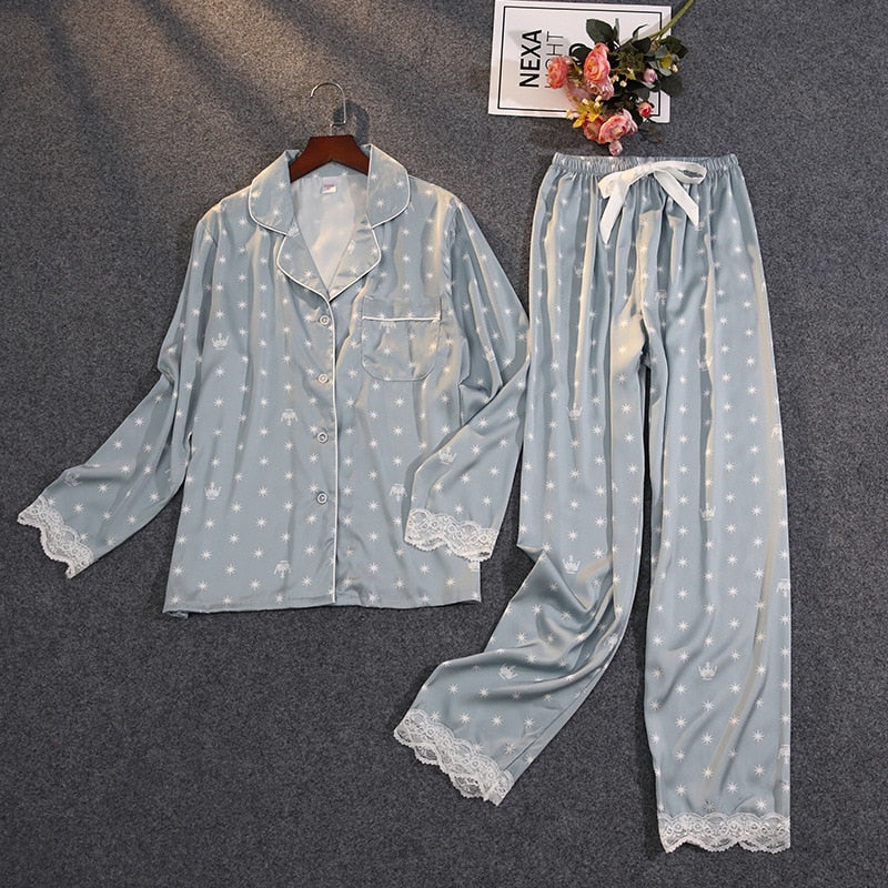 Lisacmvpnel Women&#39;s Summer Two-piece Suit Pajamas Ice Silk Satin Thin Outwear Print Lace Pyjamas
