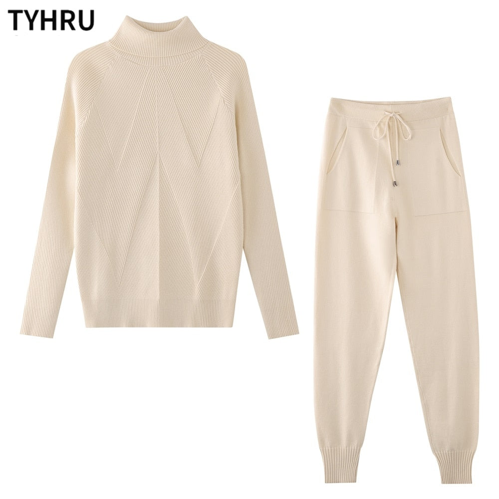 TYHRU Autumn Winter Women&#39;s tracksuit Solid Color Striped Turtleneck Sweater and Elastic Trousers Suits Knitted Two Piece Set