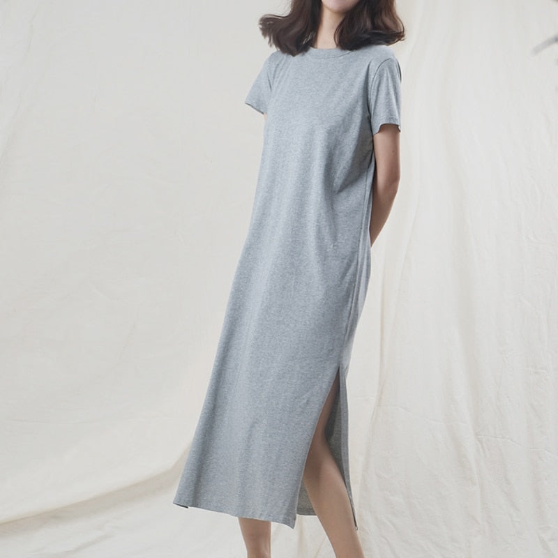 Casual 94% Cotton Summer Women&#39;s Dresses Solid Short Sleeve Spilt Long Midi Dress Fashion Sundress Female Clothing