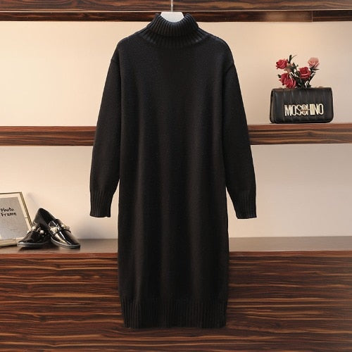 Knitted dress autumn and winter women&#39;s loose long sweater pullover turtleneck solid casual female